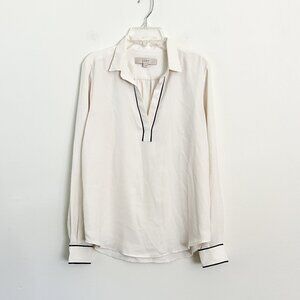 LOFT // Ivory Collared Long Sleeve Blouse with Black Trim XS